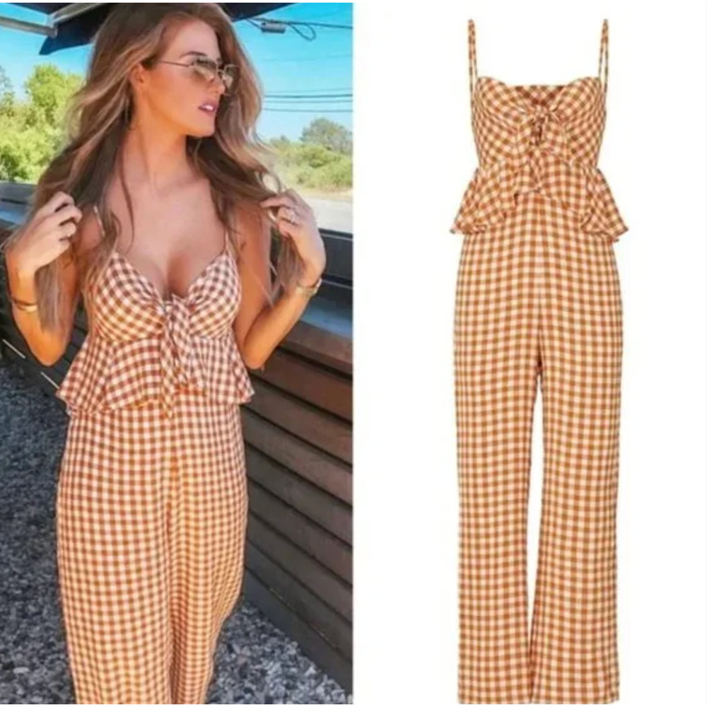 SAYLOR Gingham Tie-Front Jumpsuit in Brown & White